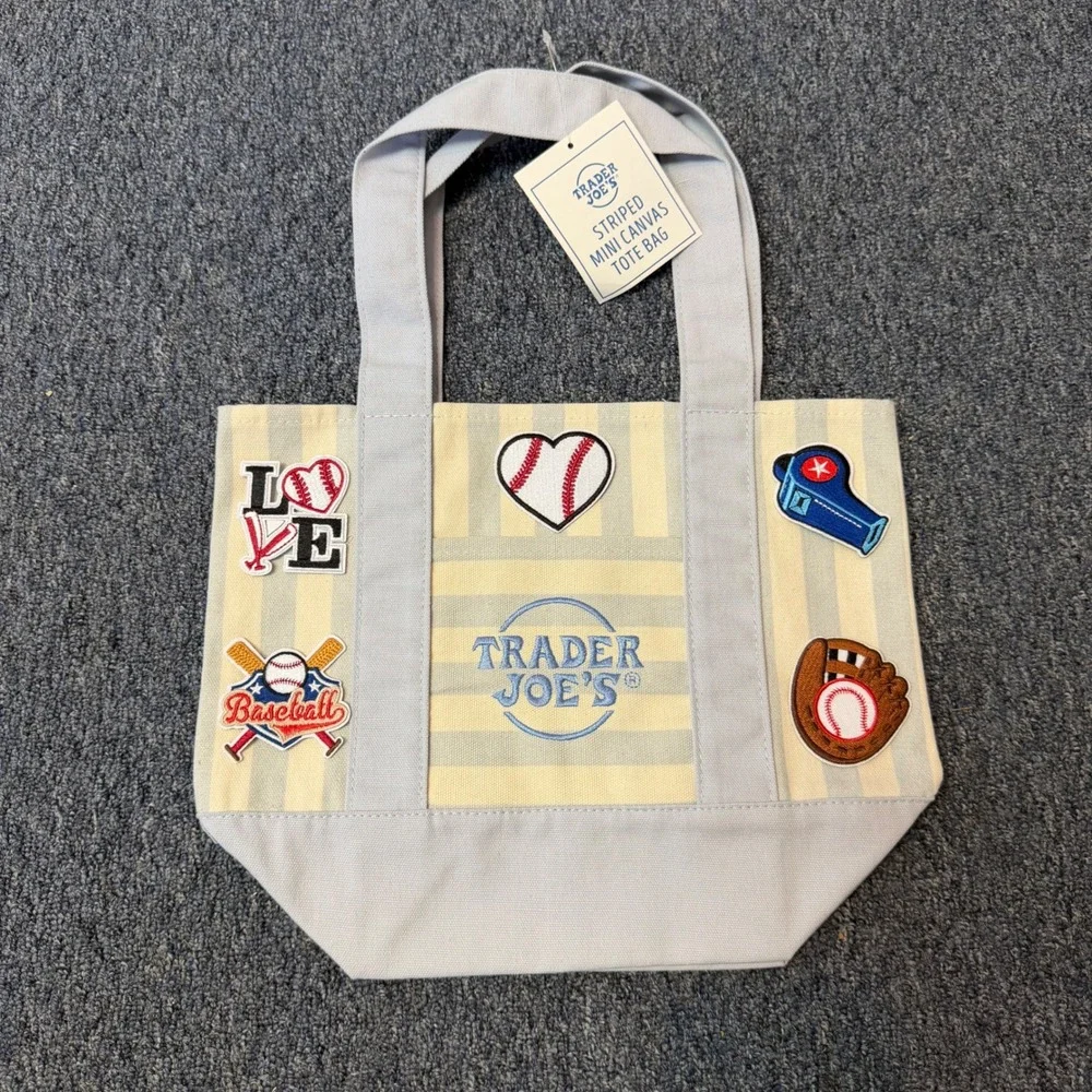 Trader Joes Striped Mini Canvas Tote Bag Blue Baseball Patches Limited Edition